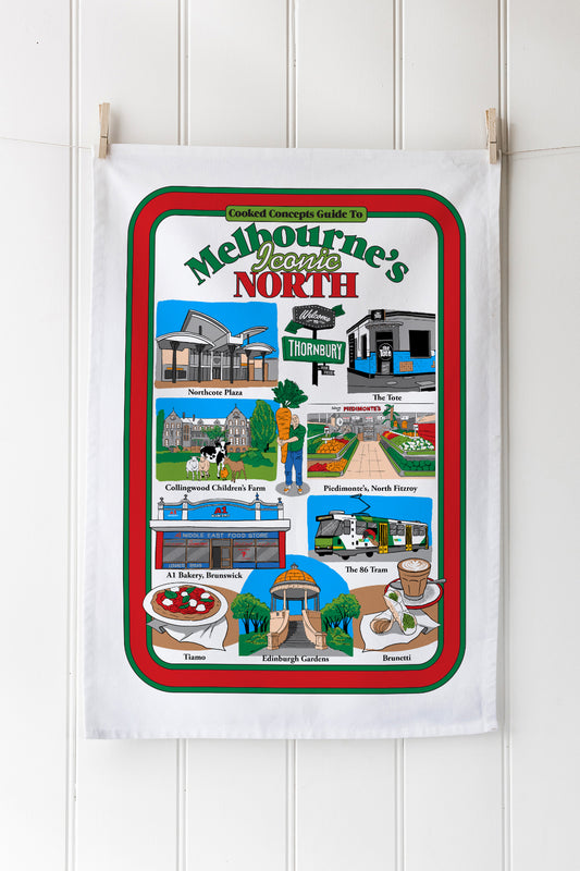 Melbourne's Iconic North Tea Towel - Northcote Plaza, carrot man, 86 tram. 100% cotton, 40cmx60cm and with a full-colour digital print.