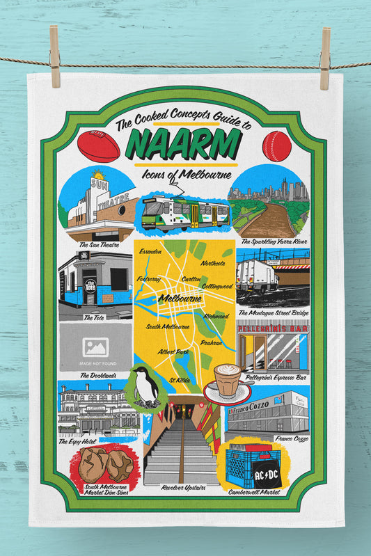 Icons of Naarm (Melbourne) Tea Towel
A tea towel celebrating the true icons of Melbourne. The tote, the trams, the Sun Theatre Yarraville, the Montague Street Bridge (oops!), a South Melbourne Dim Sim. Pure cotton, measuring 60cmx40cm, it's a gorgeous tea towel or a work of art to frame for the wall.
