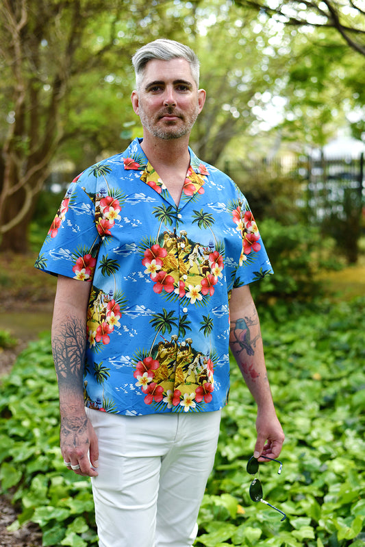 Cooked Hawaiian Shirt - Commemorate when serial coloniser Captain Cook tried to get fresh with the Native Hawaiians on Valentines Day 1779 and met his grisly end. Cooked Concepts-designed fabric and beautifully made by hand, these gender neutral, unisex shirts are the softest pure cotton. They're omnisex and feel amazing. 